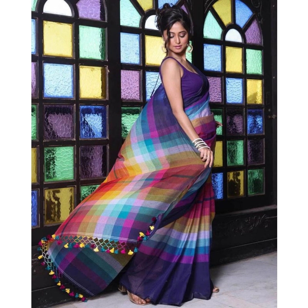Vaystra Linen Printed Saree With Unstitched Blouse 5.5Mtr – Navy