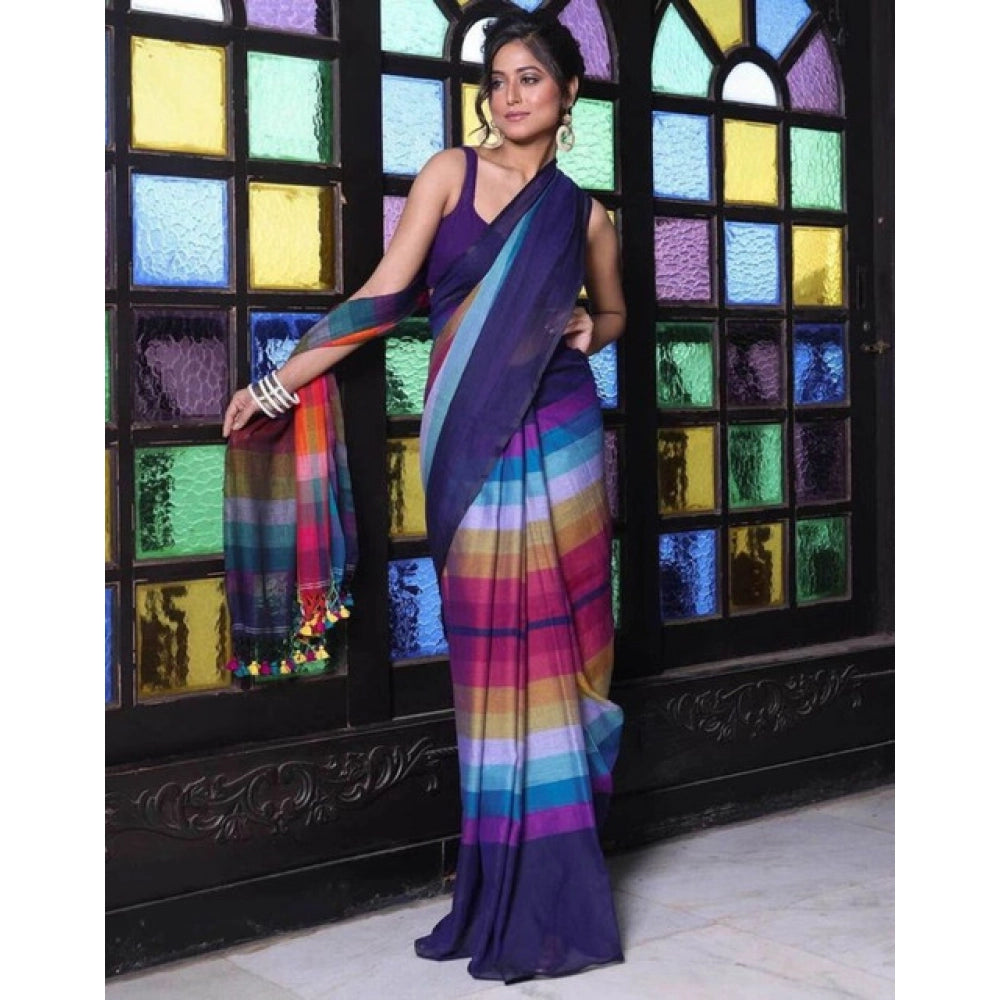 Vaystra Linen Printed Saree With Unstitched Blouse 5.5Mtr – Navy