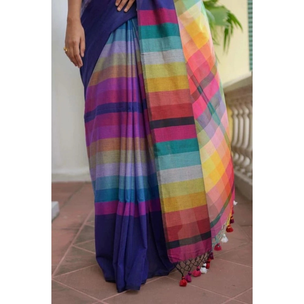 Vaystra Linen Printed Saree With Unstitched Blouse 5.5Mtr – Navy