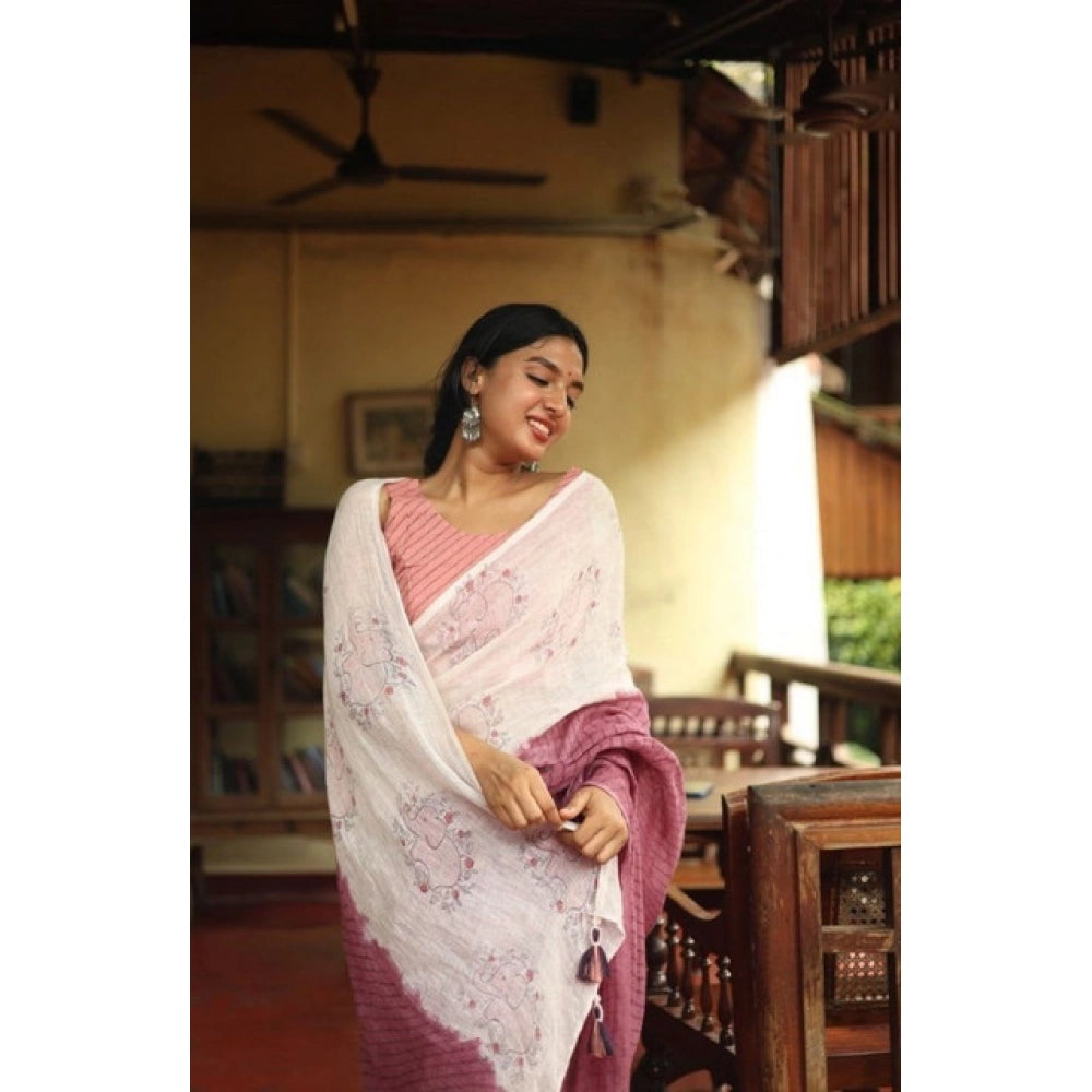 Vaystra Linen Printed Saree With Unstitched Blouse 5.5Mtr – White
