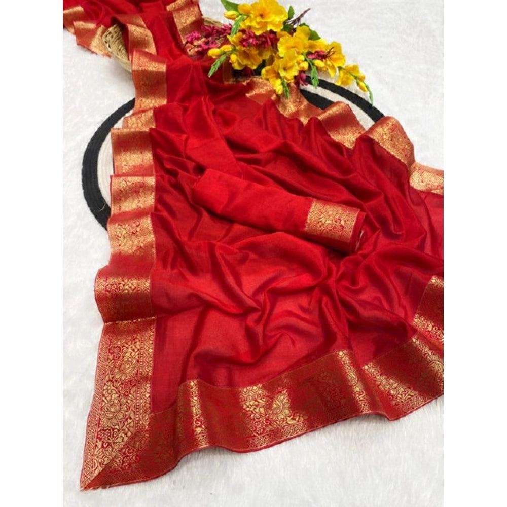 Vaystra Vichitra Silk Printed Saree With Unstitched Blouse 5.5Mtr – Red