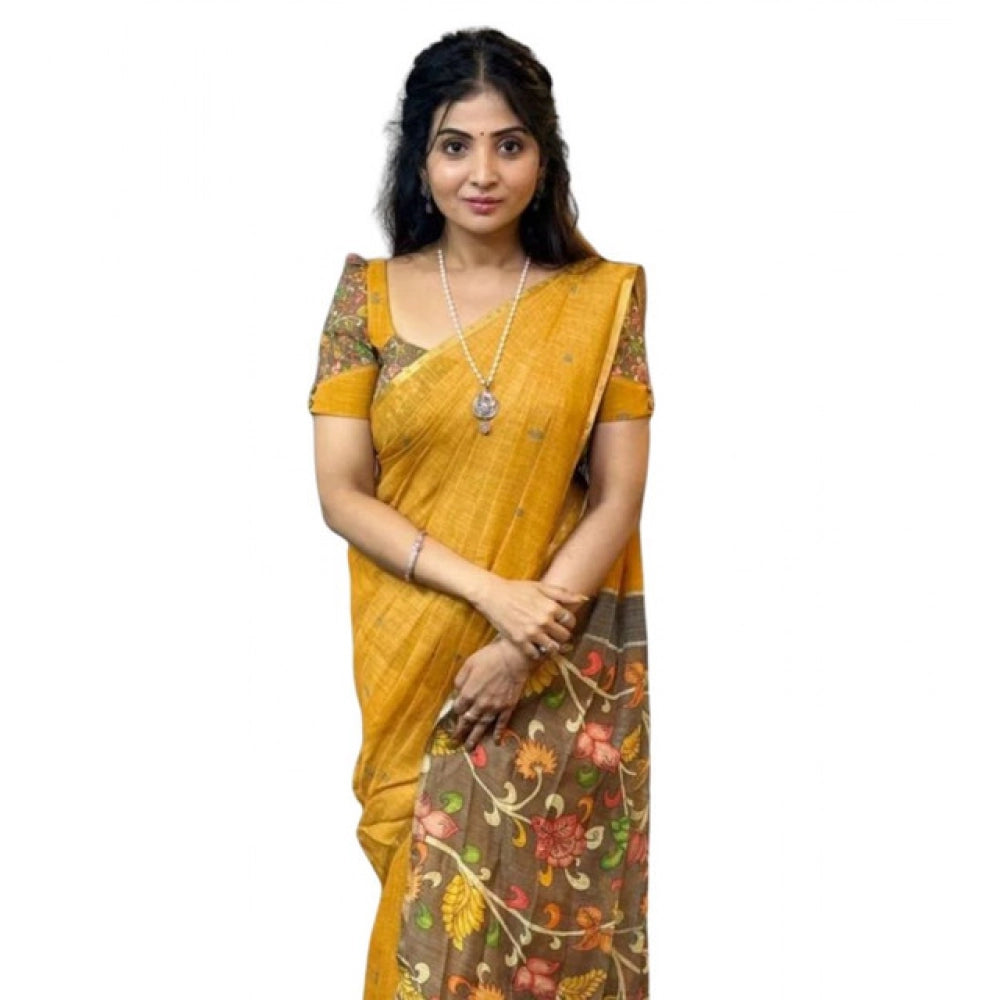 Vaystra Linen Printed Saree With Unstitched Blouse 5.5Mtr – Mustard