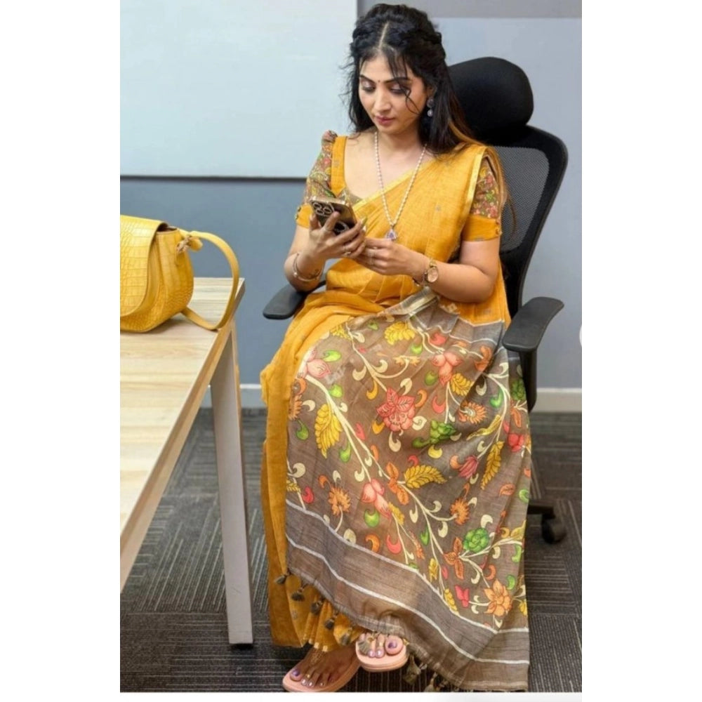Vaystra Linen Printed Saree With Unstitched Blouse 5.5Mtr – Mustard