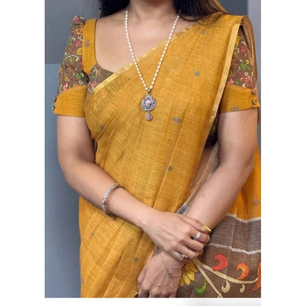 Vaystra Linen Printed Saree With Unstitched Blouse 5.5Mtr – Mustard