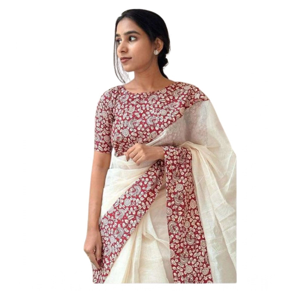 Vaystra Linen Printed Saree With Unstitched Blouse 5.5Mtr – White