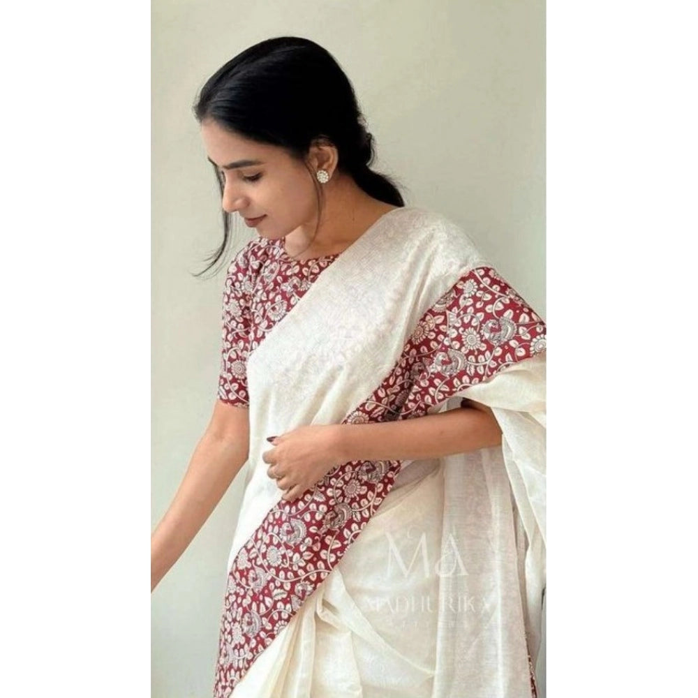 Vaystra Linen Printed Saree With Unstitched Blouse 5.5Mtr – White