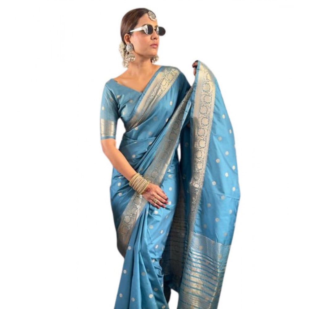 Vaystra Satin Printed Saree With Unstitched Blouse 5.5Mtr – light Blue