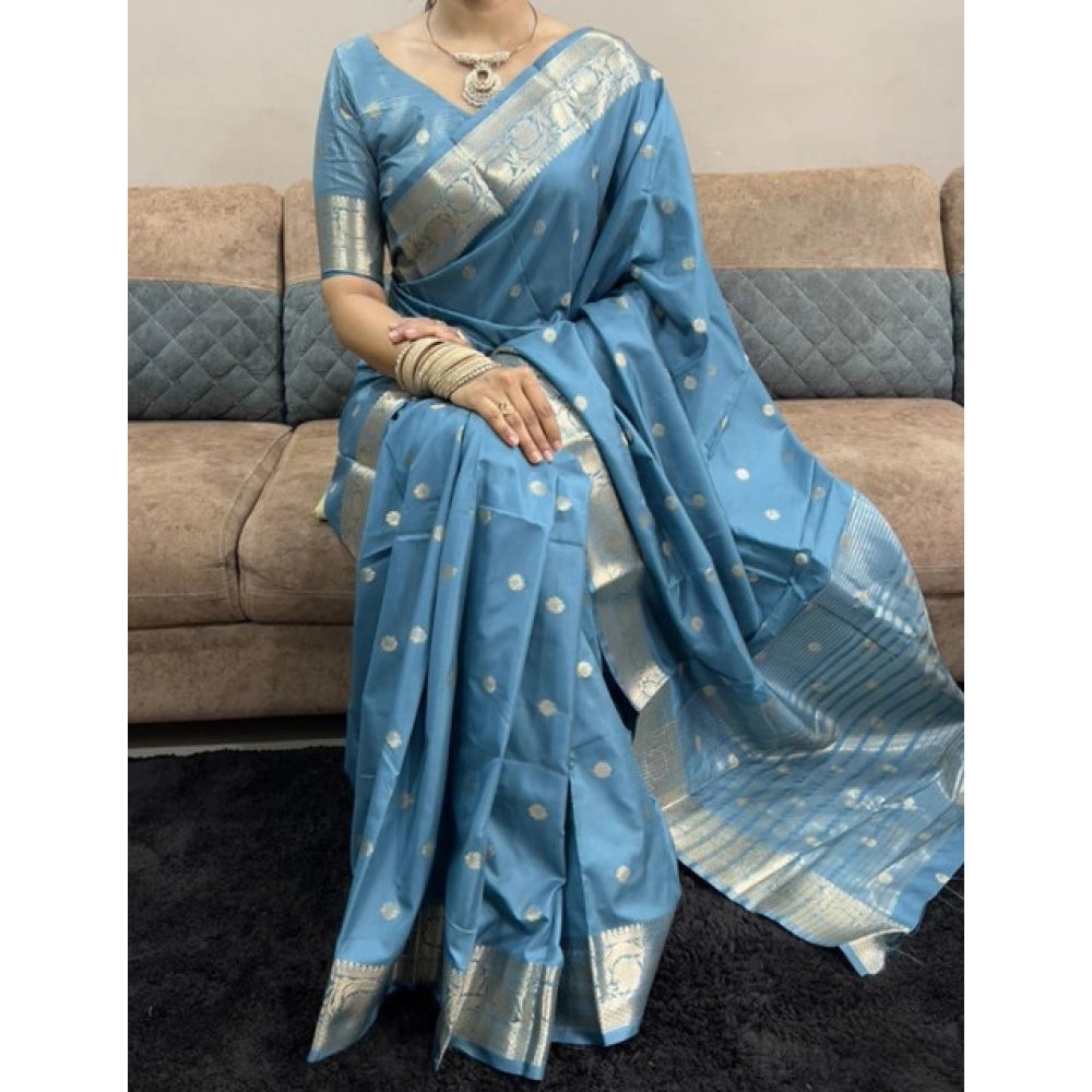 Vaystra Satin Printed Saree With Unstitched Blouse 5.5Mtr – light Blue