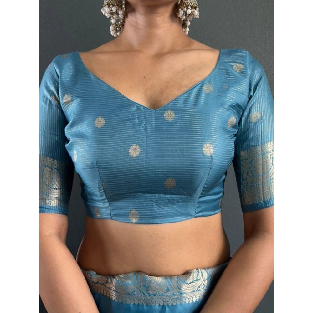 Vaystra Satin Printed Saree With Unstitched Blouse 5.5Mtr – light Blue
