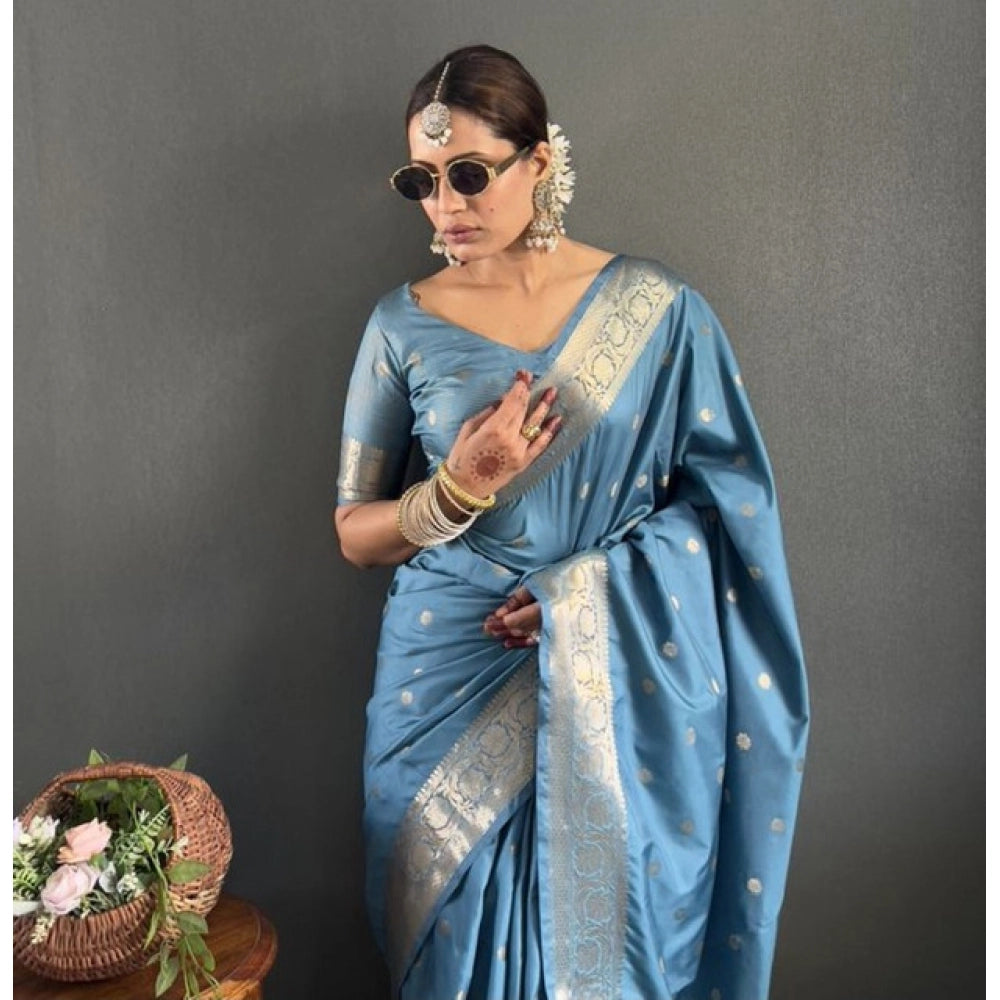 Vaystra Satin Printed Saree With Unstitched Blouse 5.5Mtr – light Blue