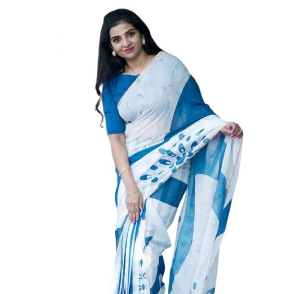 Vaystra Linen Printed Saree With Unstitched Blouse 5.5Mtr – White