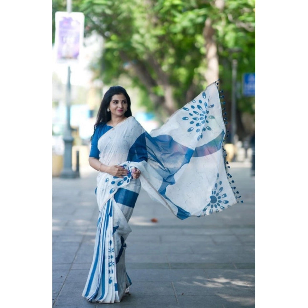 Vaystra Linen Printed Saree With Unstitched Blouse 5.5Mtr – White