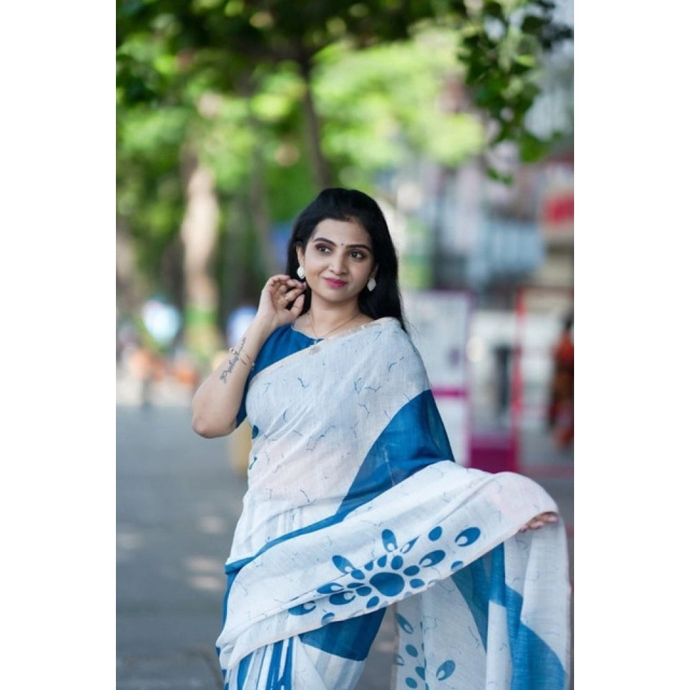 Vaystra Linen Printed Saree With Unstitched Blouse 5.5Mtr – White