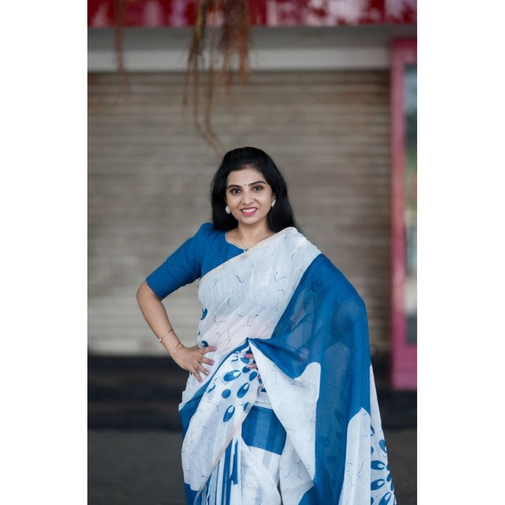 Vaystra Linen Printed Saree With Unstitched Blouse 5.5Mtr – White