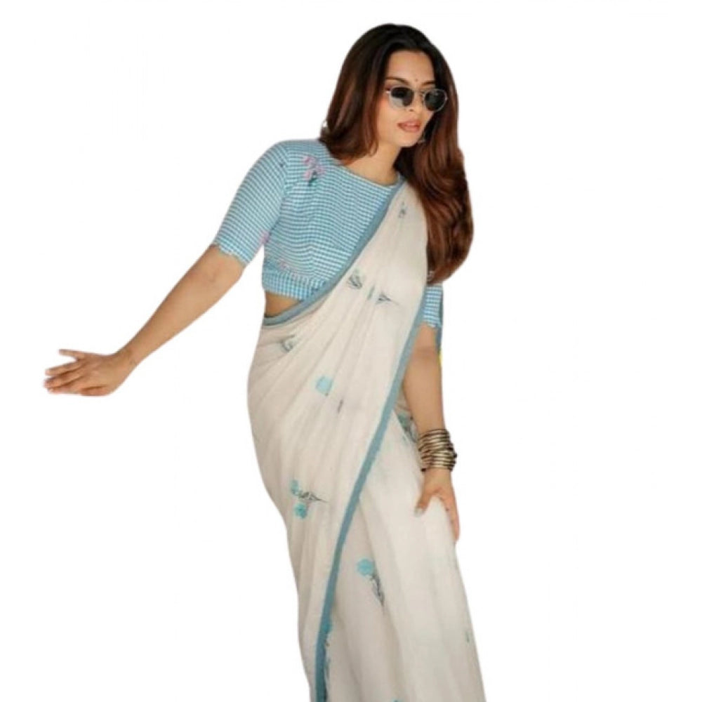 Vaystra Linen Printed Saree With Unstitched Blouse 5.5Mtr – White
