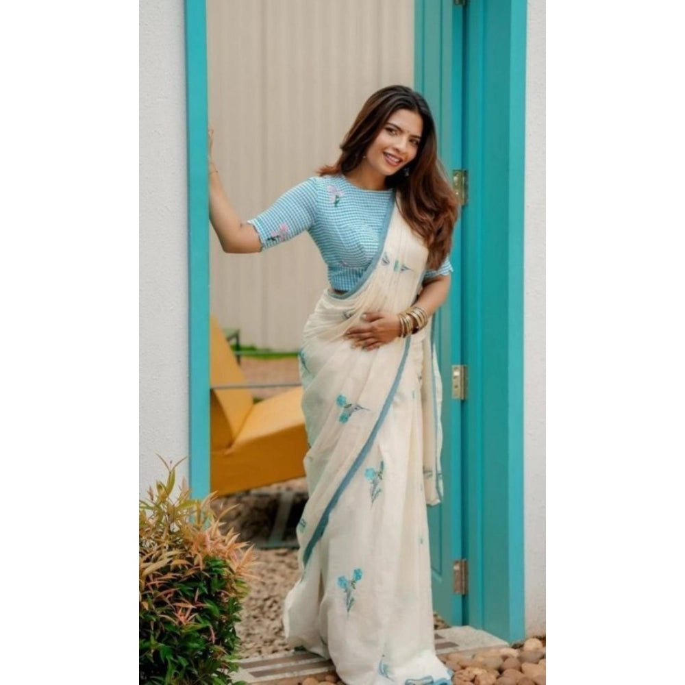 Vaystra Linen Printed Saree With Unstitched Blouse 5.5Mtr – White