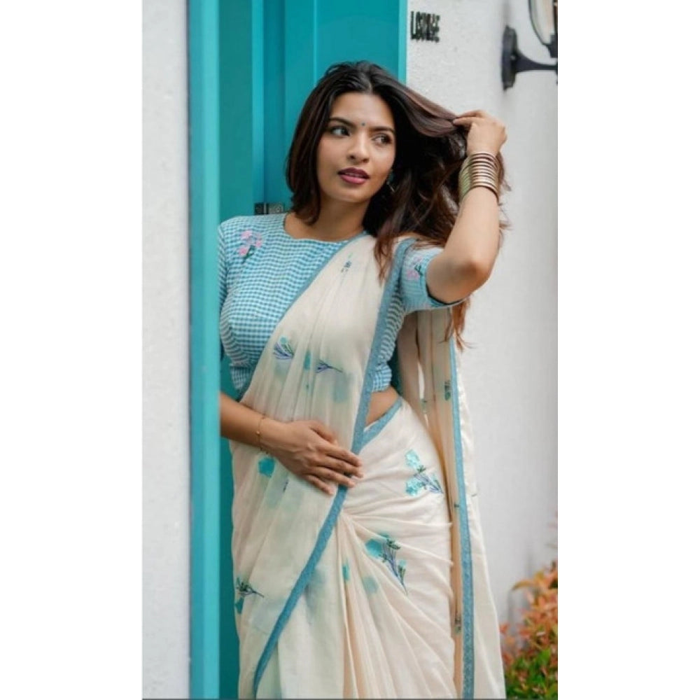Vaystra Linen Printed Saree With Unstitched Blouse 5.5Mtr – White