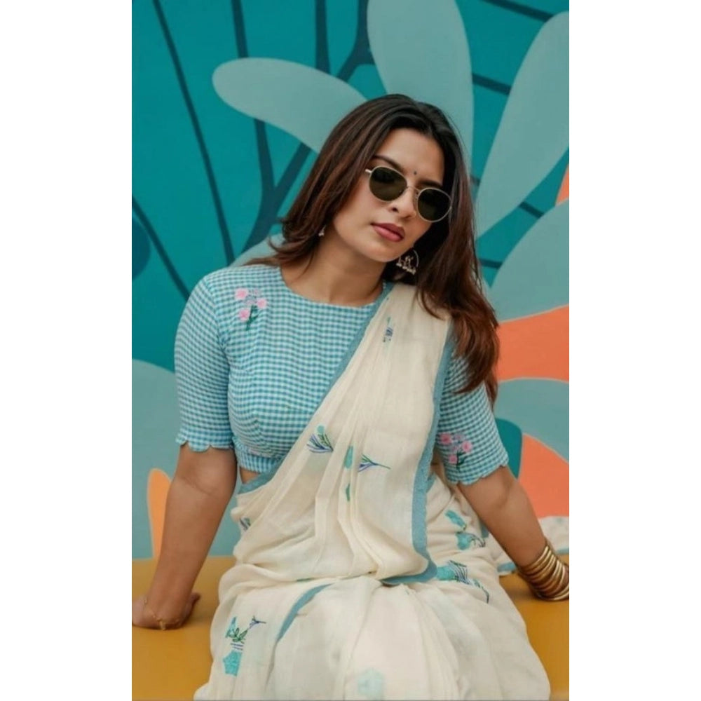 Vaystra Linen Printed Saree With Unstitched Blouse 5.5Mtr – White