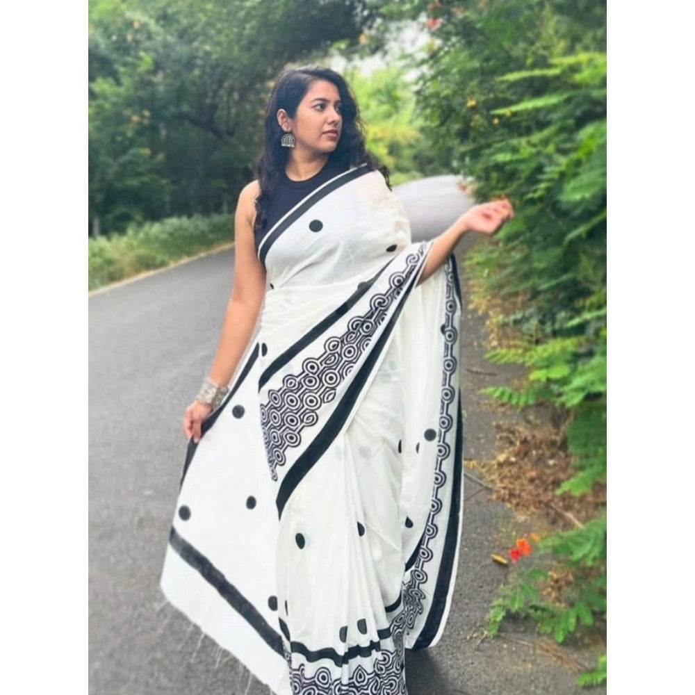 Vaystra Linen Printed Saree With Unstitched Blouse 5.5Mtr – White
