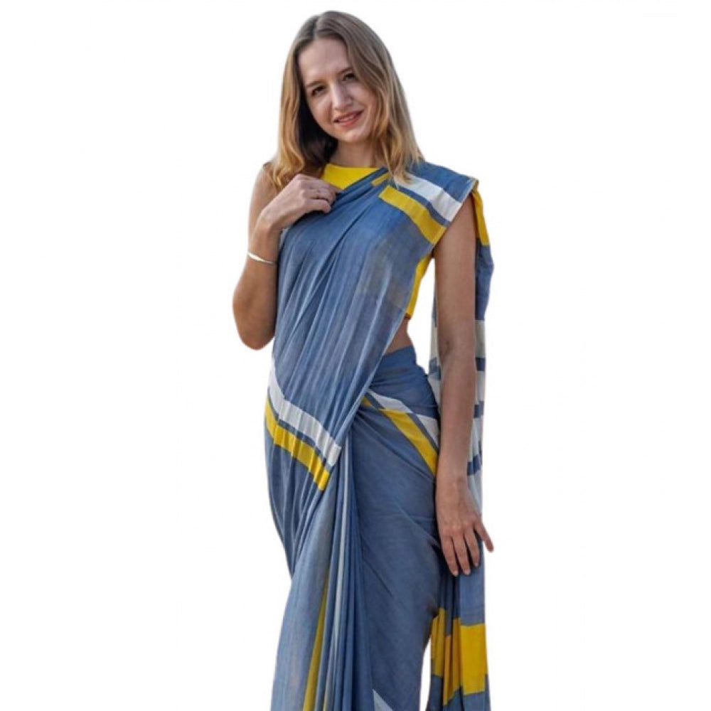 Vaystra Linen Printed Saree With Unstitched Blouse 5.5Mtr – Blue