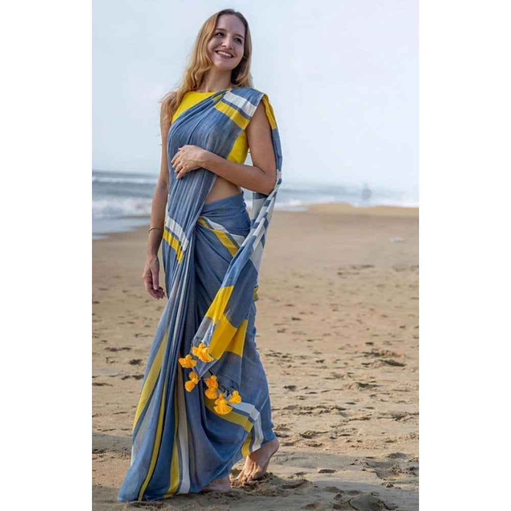 Vaystra Linen Printed Saree With Unstitched Blouse 5.5Mtr – Blue