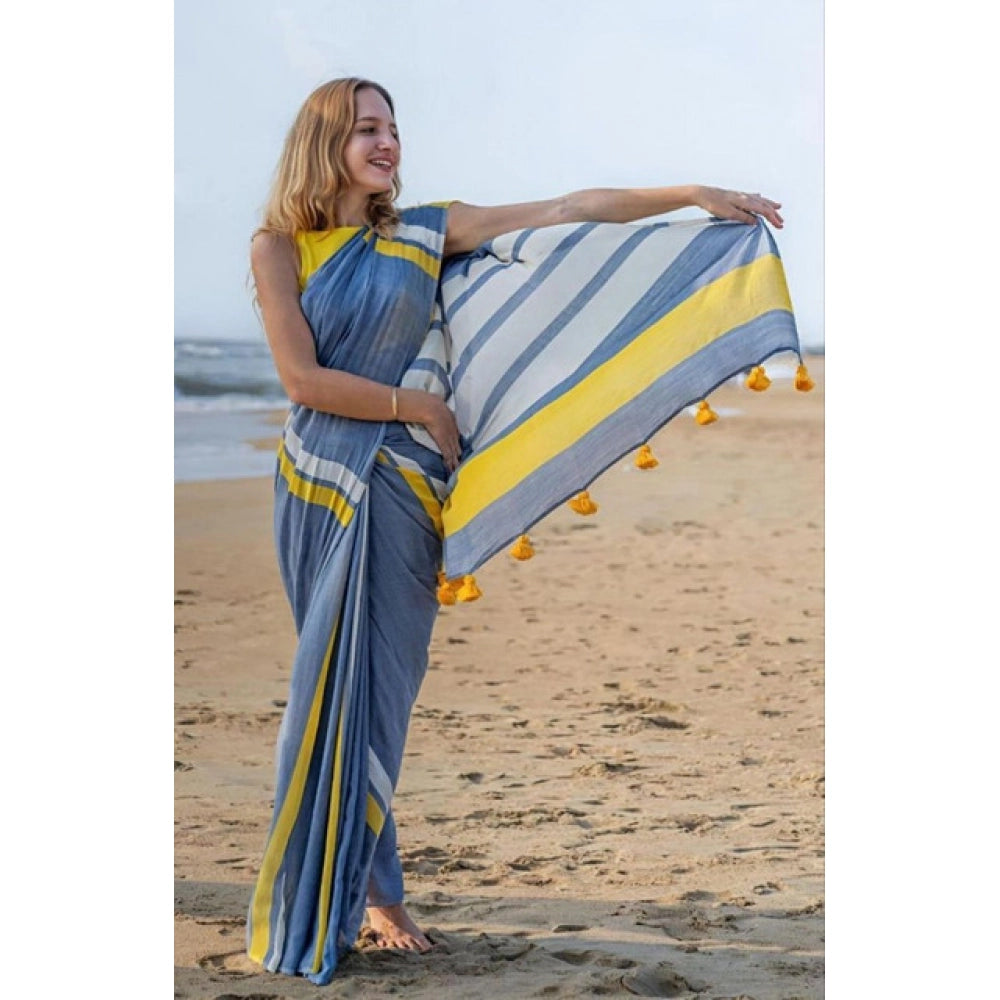 Vaystra Linen Printed Saree With Unstitched Blouse 5.5Mtr – Blue