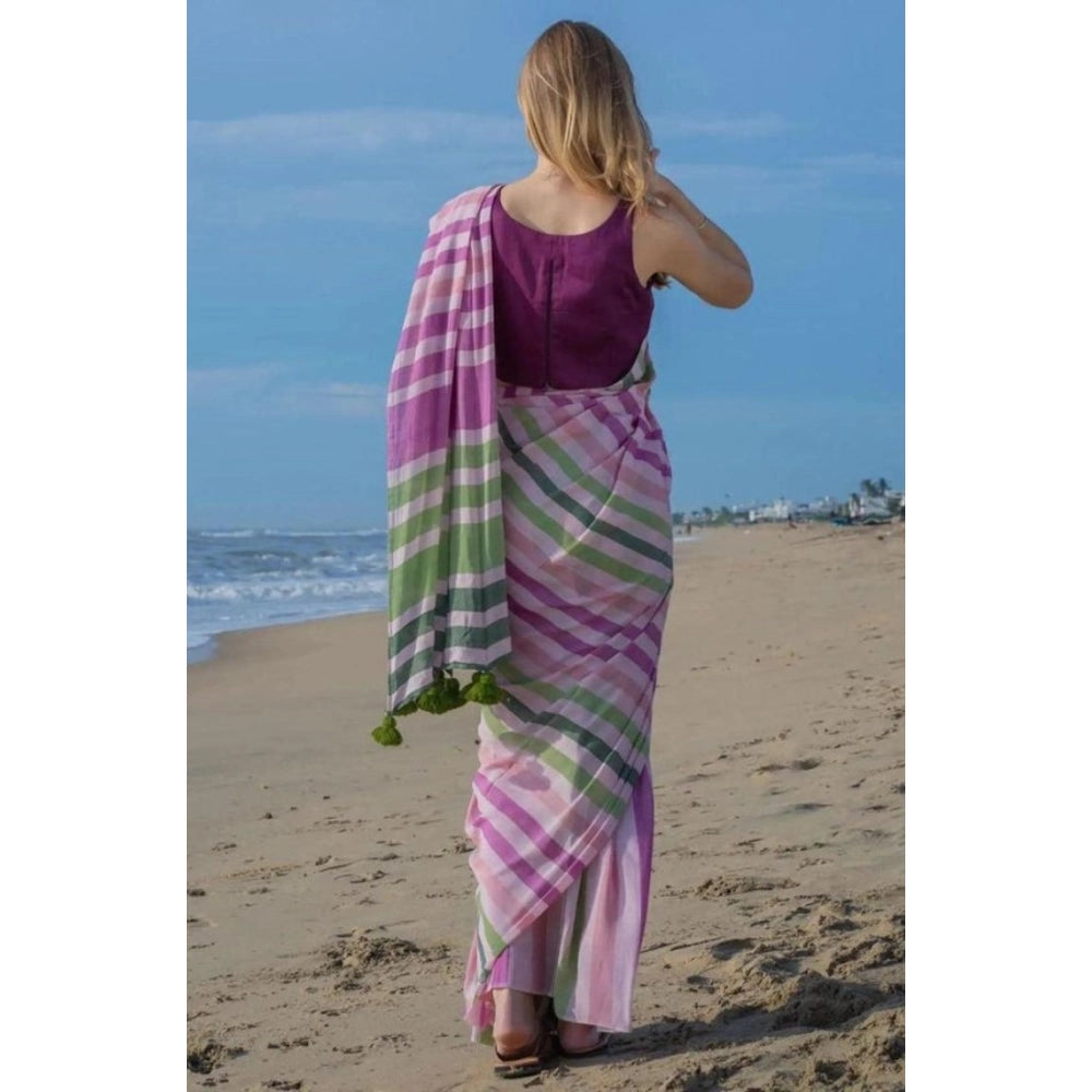 Vaystra Linen Printed Saree With Unstitched Blouse 5.5Mtr – Pink