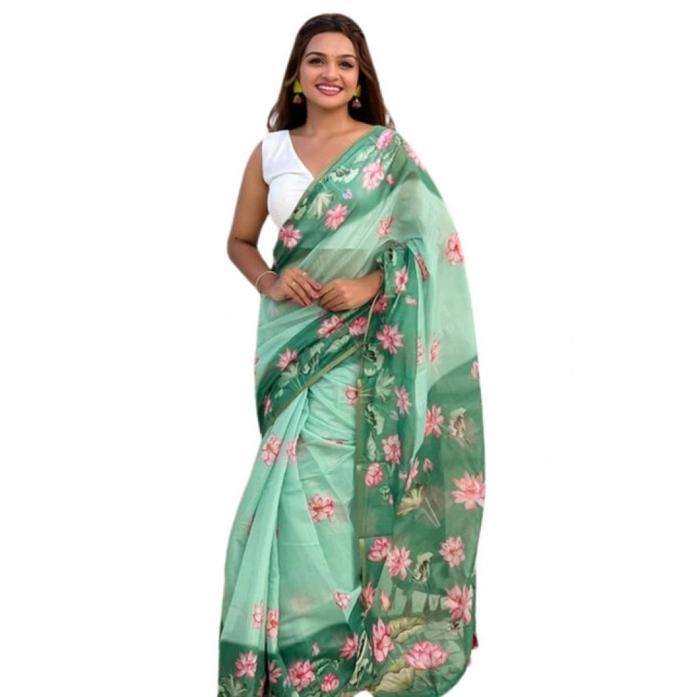 Vaystra Linen Printed Saree With Unstitched Blouse 5.5Mtr – Green