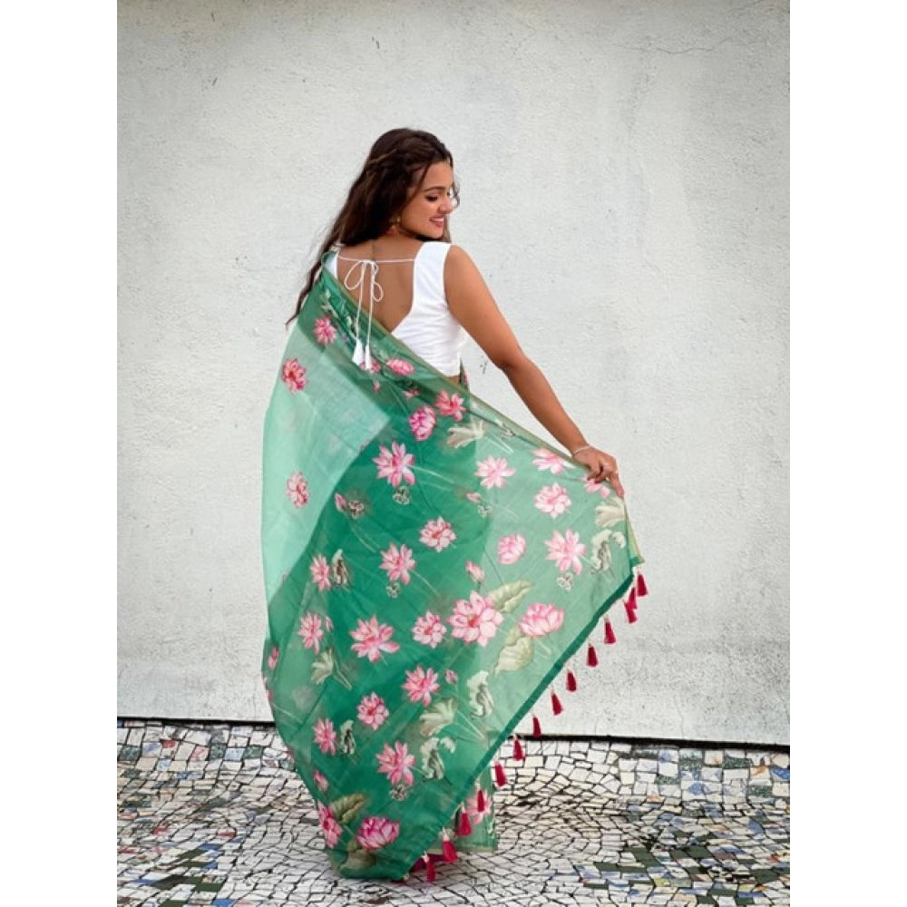 Vaystra Linen Printed Saree With Unstitched Blouse 5.5Mtr – Green