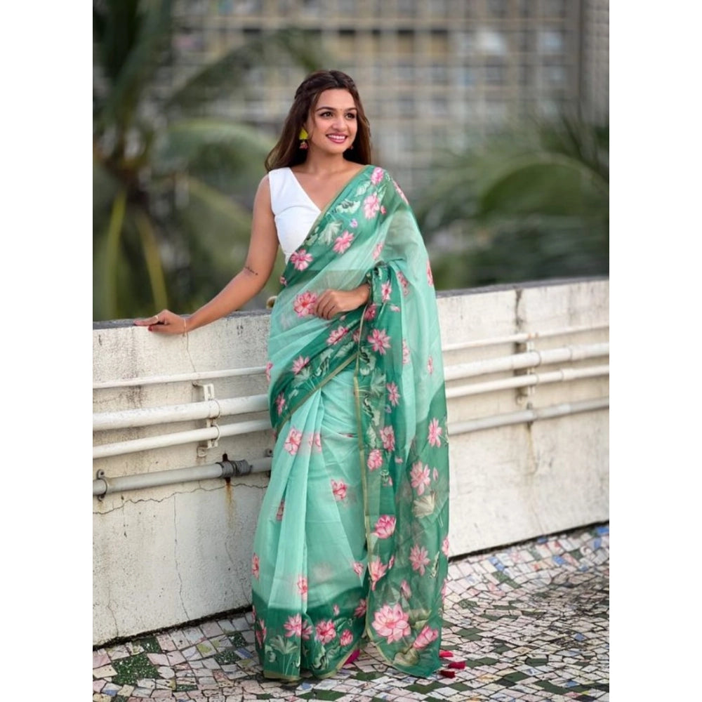 Vaystra Linen Printed Saree With Unstitched Blouse 5.5Mtr – Green