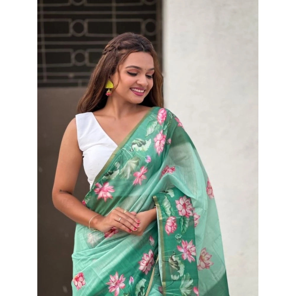 Vaystra Linen Printed Saree With Unstitched Blouse 5.5Mtr – Green