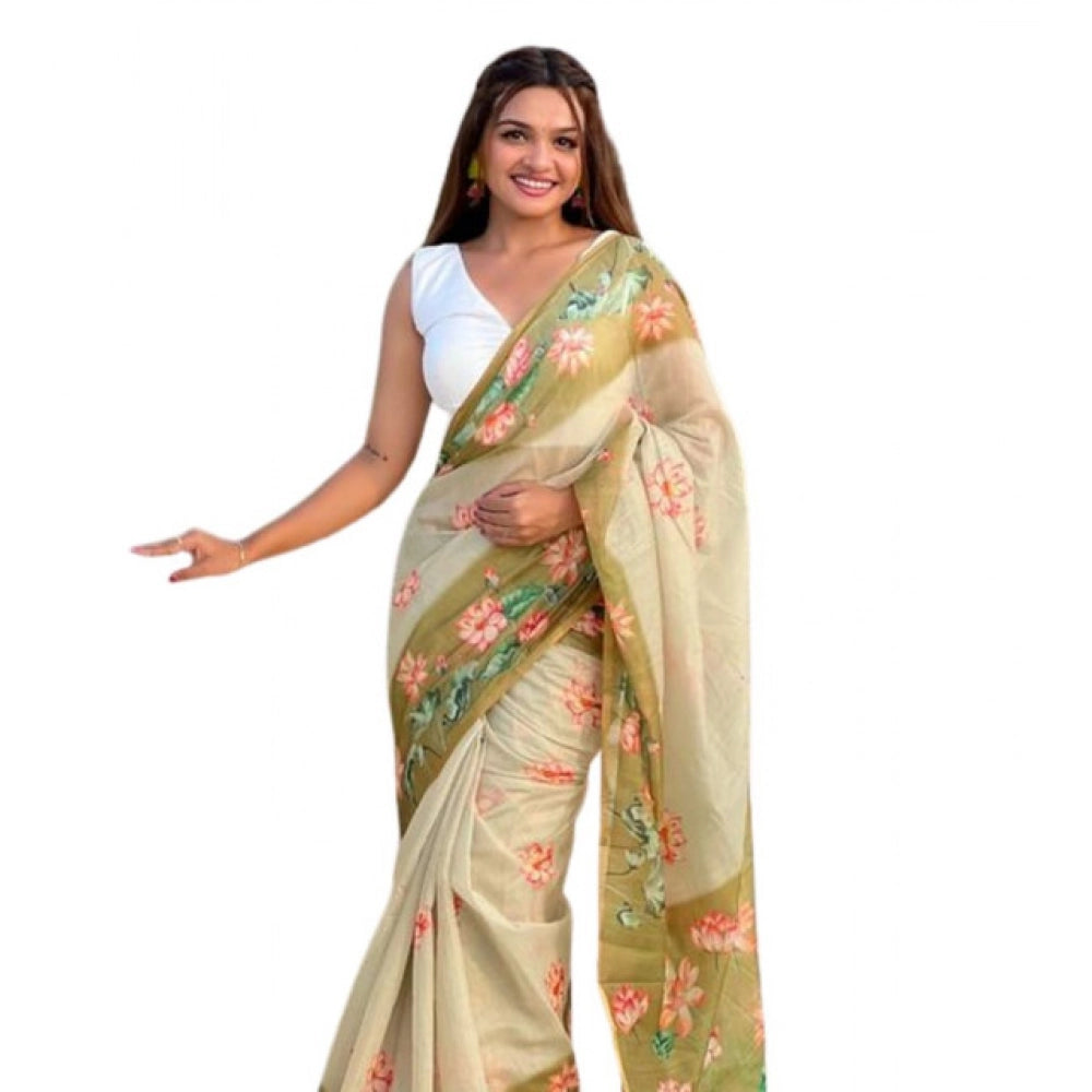 Vaystra Linen Printed Saree With Unstitched Blouse 5.5Mtr – Mahendi