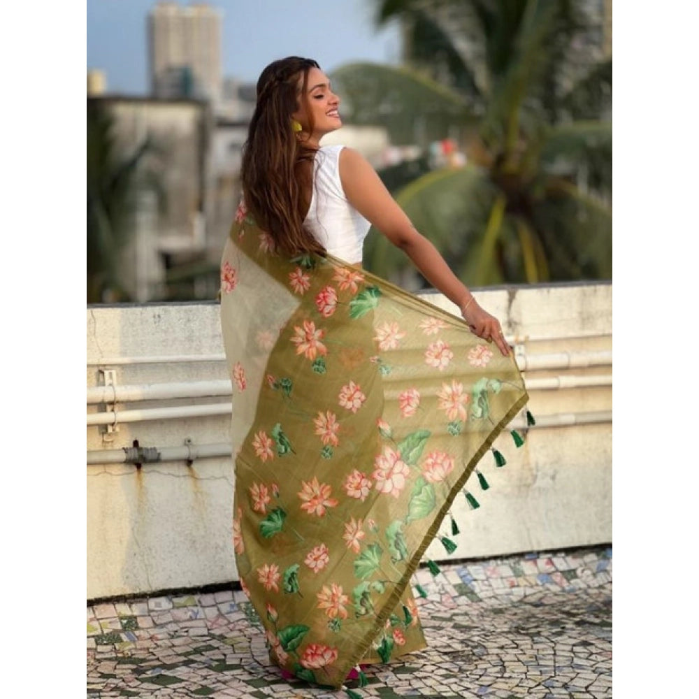 Vaystra Linen Printed Saree With Unstitched Blouse 5.5Mtr – Mahendi