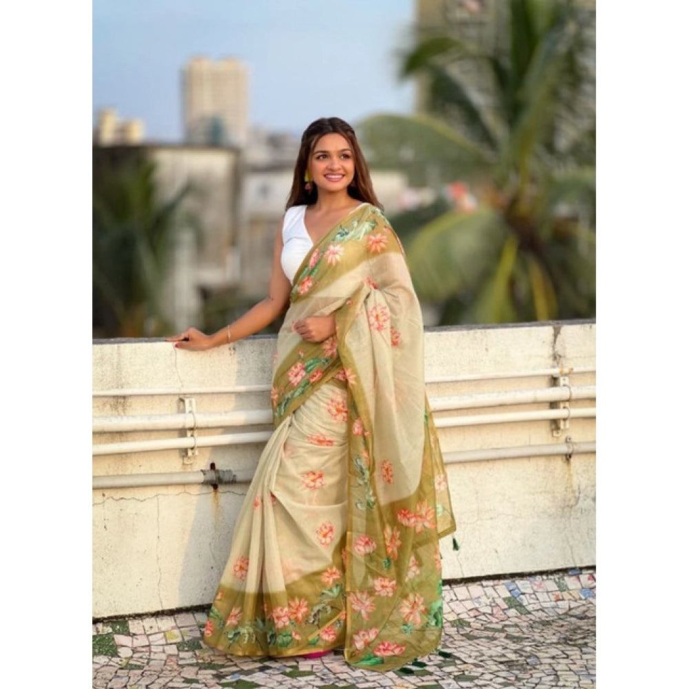 Vaystra Linen Printed Saree With Unstitched Blouse 5.5Mtr – Mahendi