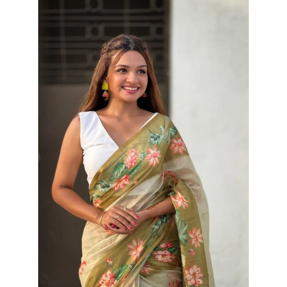 Vaystra Linen Printed Saree With Unstitched Blouse 5.5Mtr – Mahendi