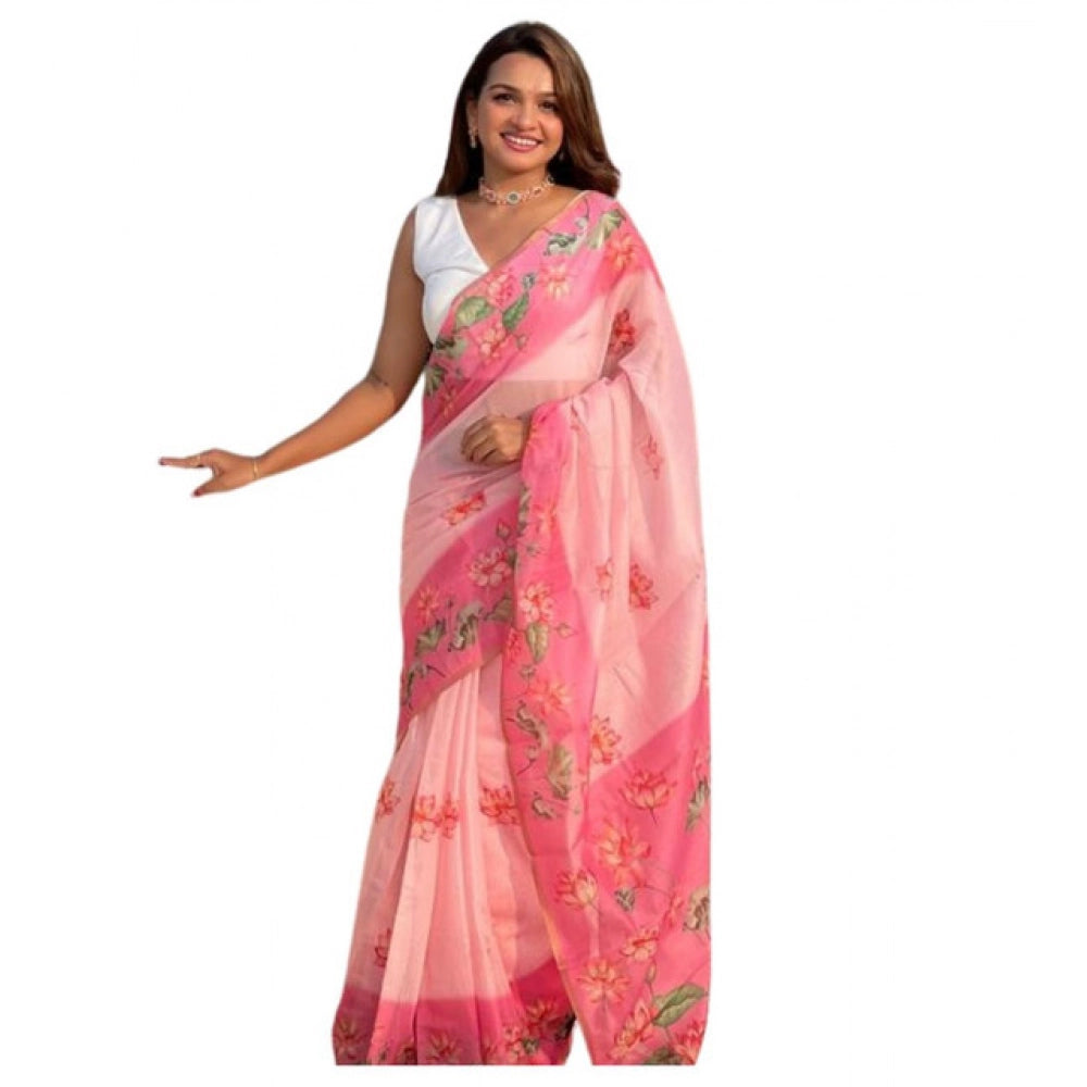 Vaystra Linen Printed Saree With Unstitched Blouse 5.5Mtr – Pink