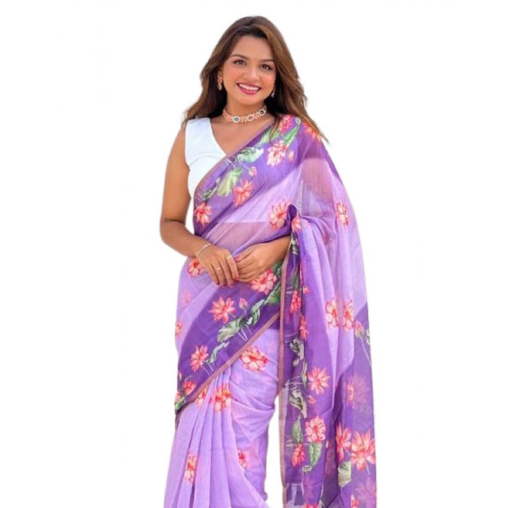Vaystra Linen Printed Saree With Unstitched Blouse 5.5Mtr – Purple