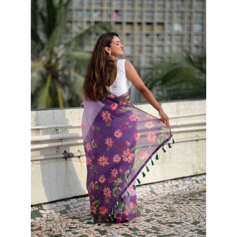 Vaystra Linen Printed Saree With Unstitched Blouse 5.5Mtr – Purple