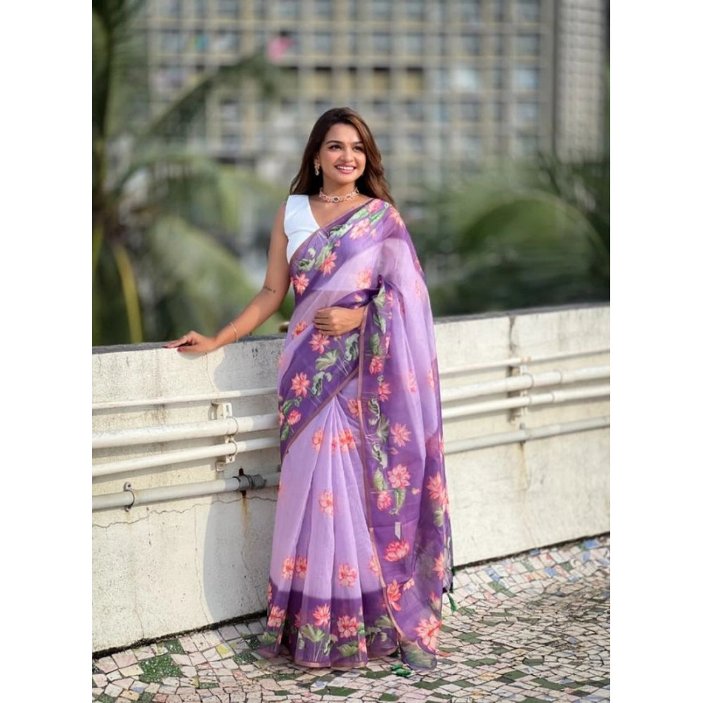 Vaystra Linen Printed Saree With Unstitched Blouse 5.5Mtr – Purple