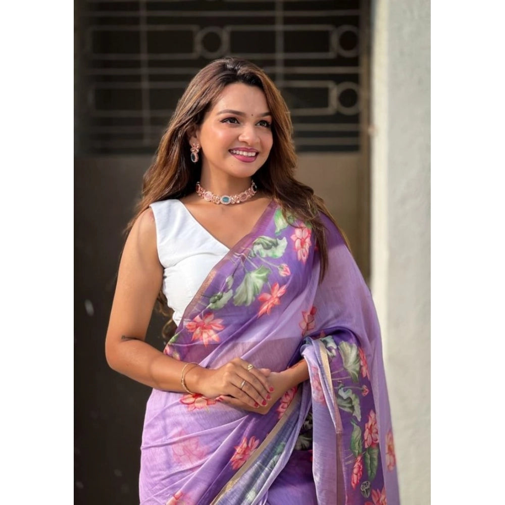 Vaystra Linen Printed Saree With Unstitched Blouse 5.5Mtr – Purple