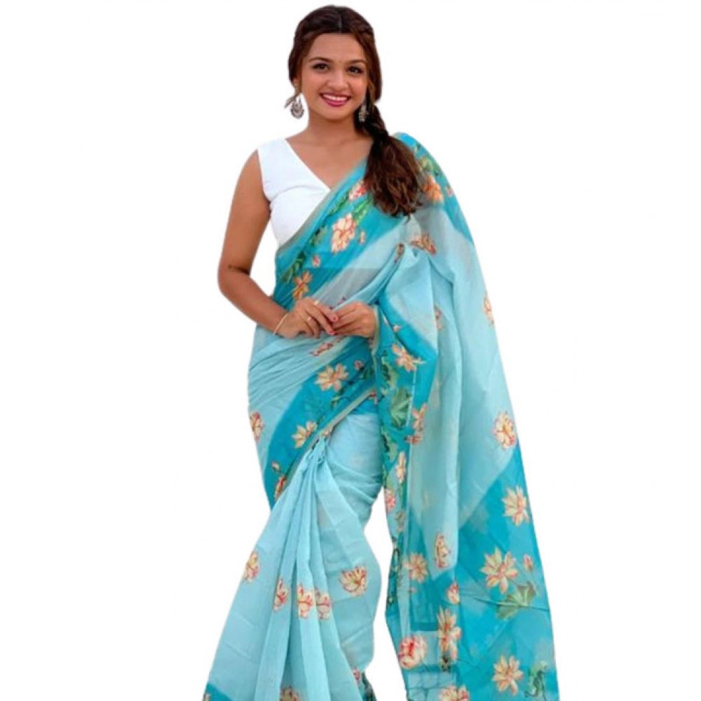 Vaystra Linen Printed Saree With Unstitched Blouse 5.5Mtr – Aqua