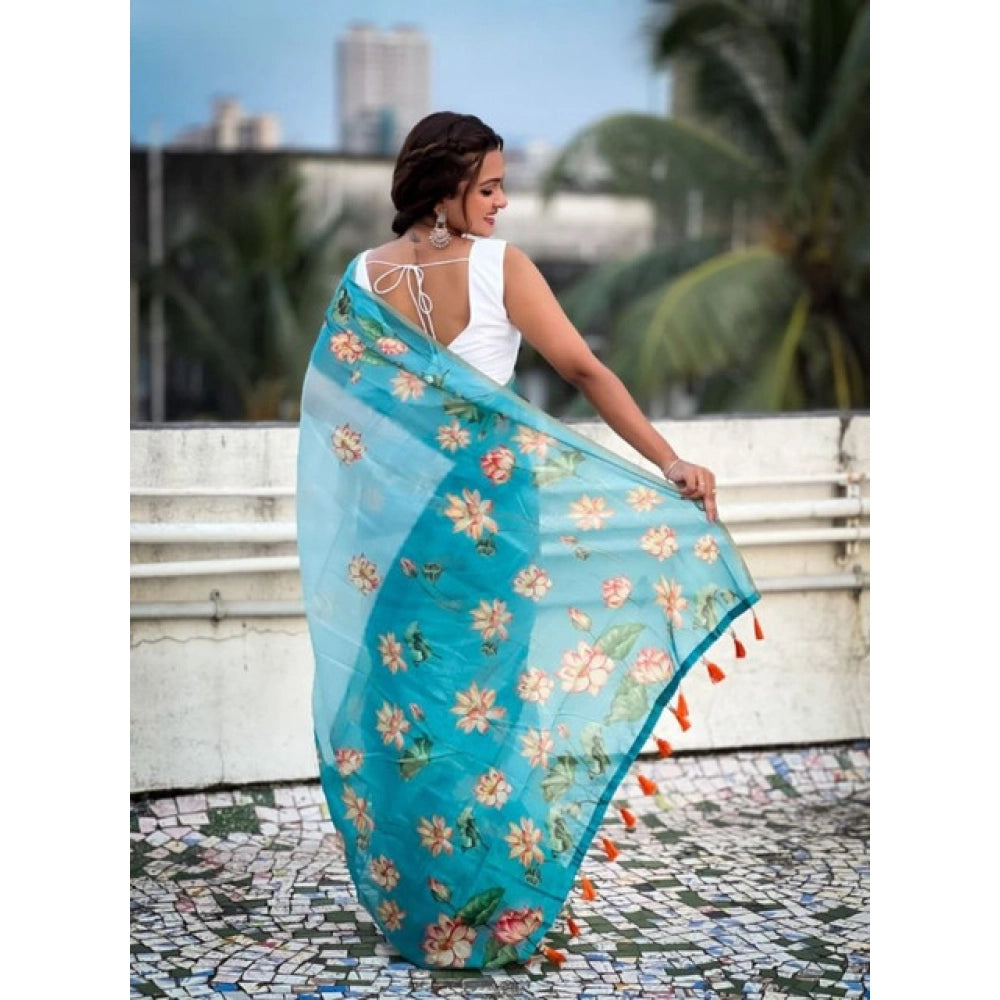 Vaystra Linen Printed Saree With Unstitched Blouse 5.5Mtr – Aqua