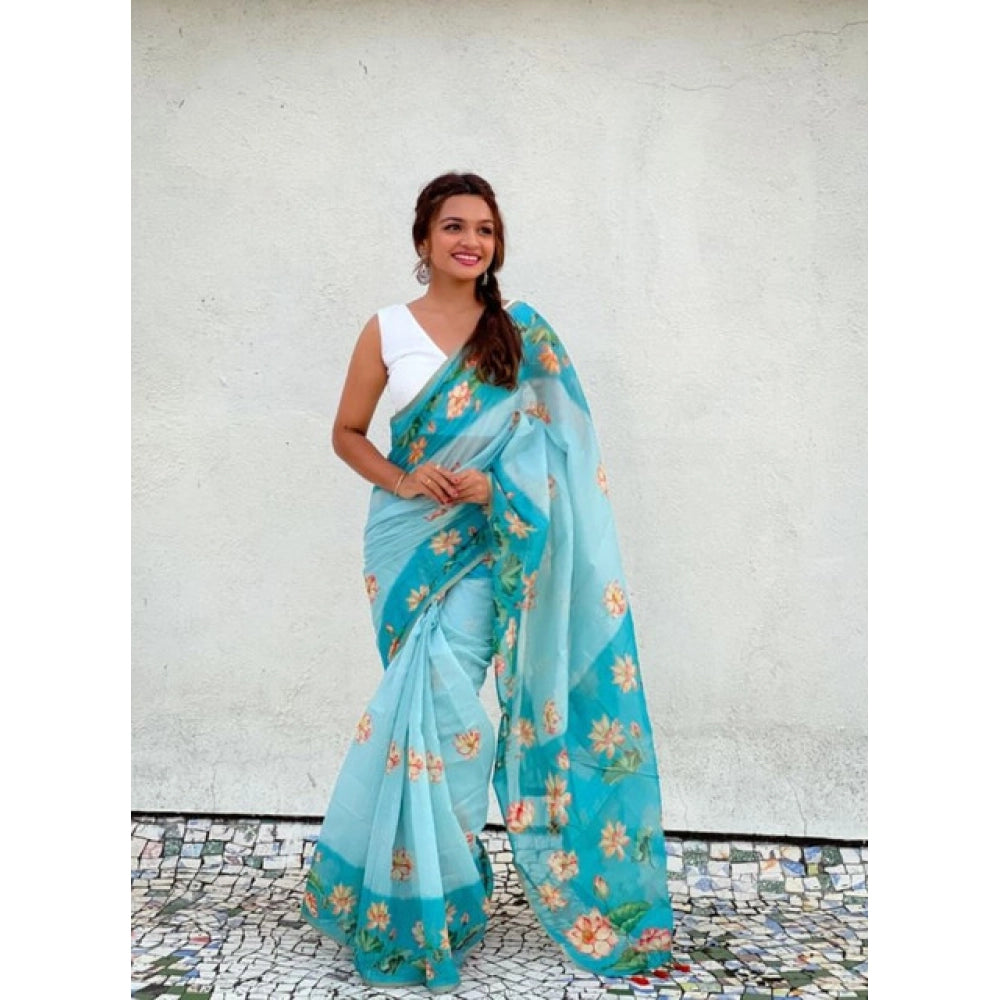 Vaystra Linen Printed Saree With Unstitched Blouse 5.5Mtr – Aqua