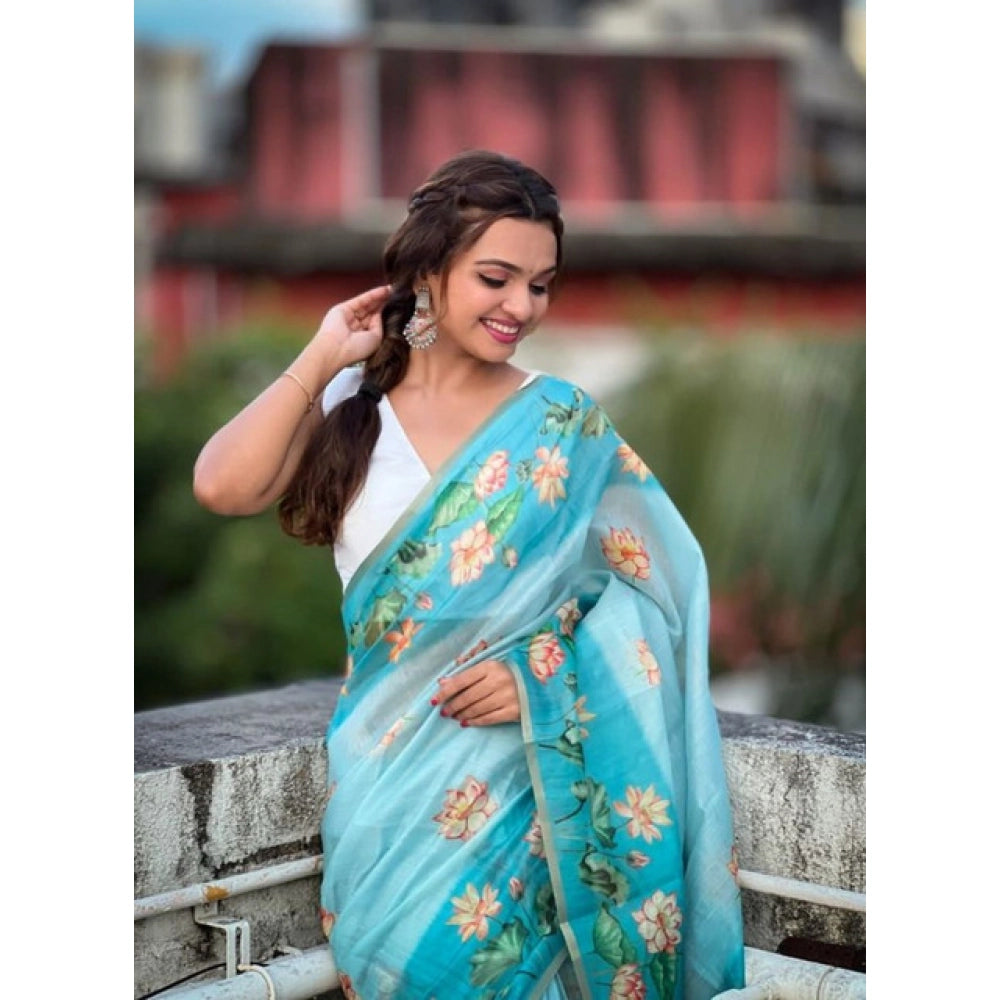 Vaystra Linen Printed Saree With Unstitched Blouse 5.5Mtr – Aqua