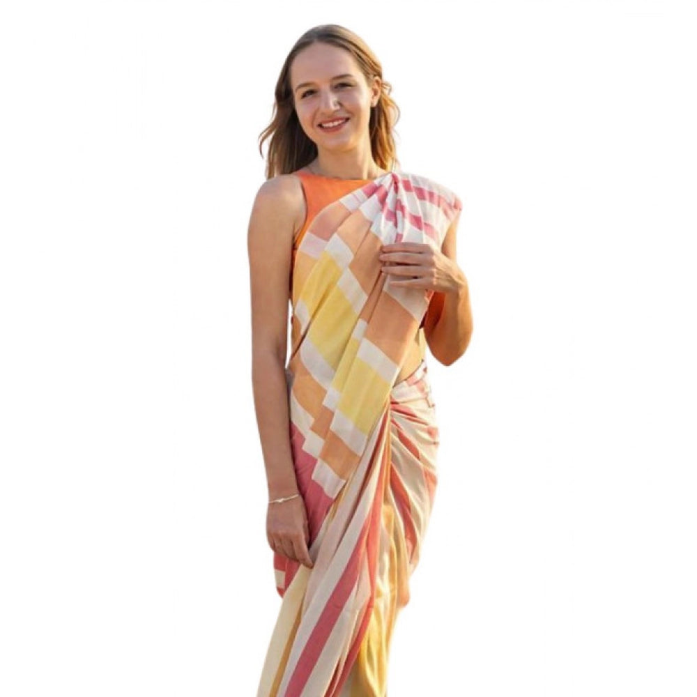 Vaystra Linen Printed Saree With Unstitched Blouse 5.5Mtr – Yellow