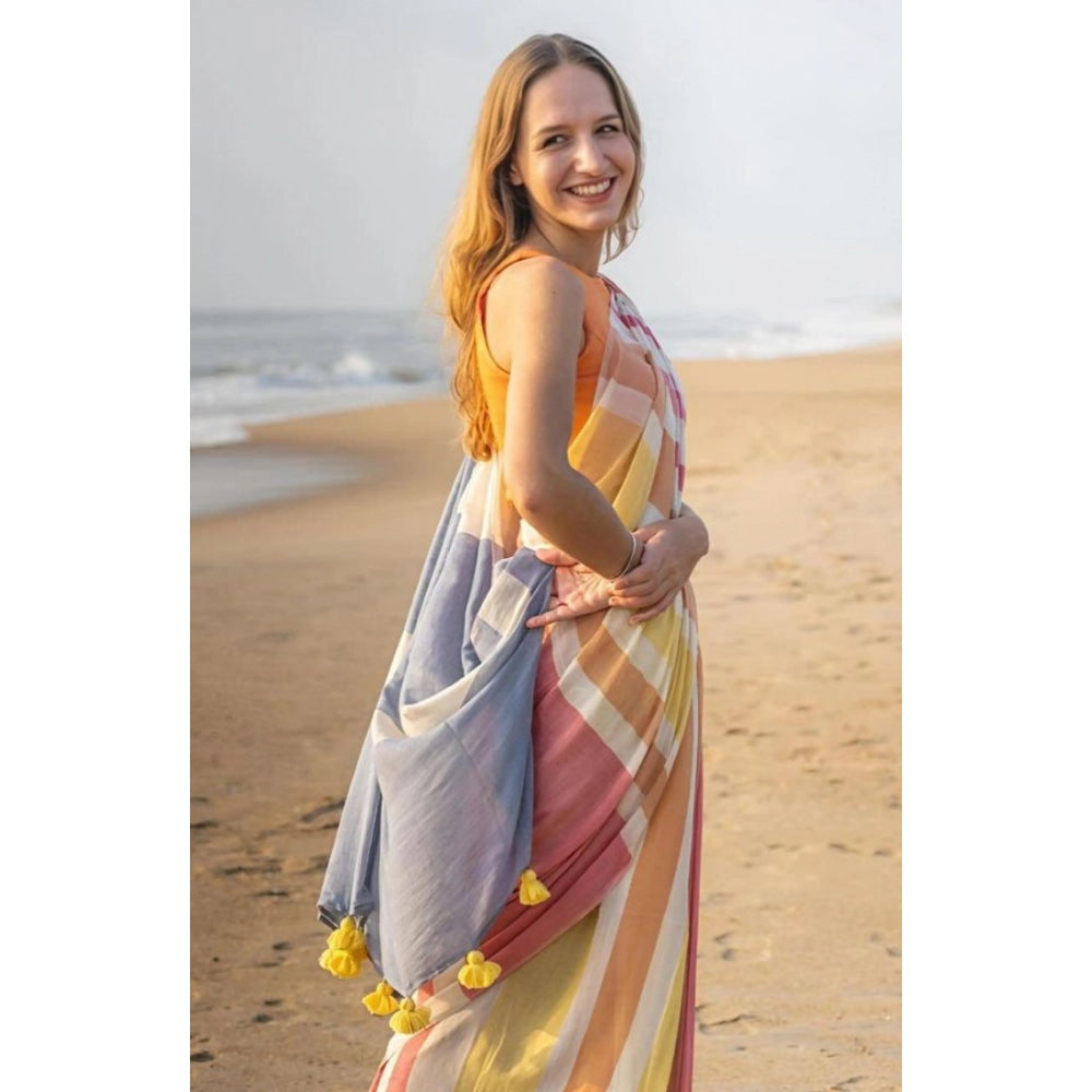 Vaystra Linen Printed Saree With Unstitched Blouse 5.5Mtr – Yellow