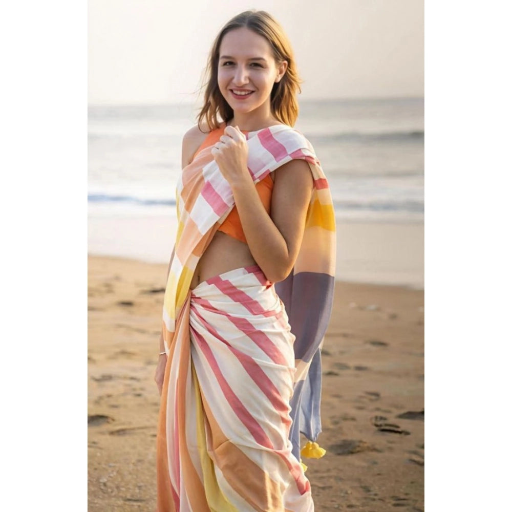Vaystra Linen Printed Saree With Unstitched Blouse 5.5Mtr – Yellow