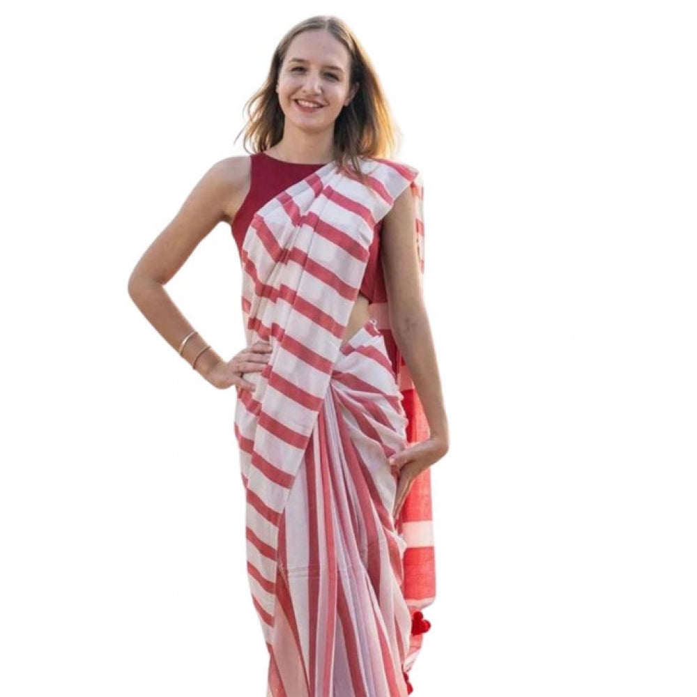 Vaystra Linen Printed Saree With Unstitched Blouse 5.5Mtr – Red