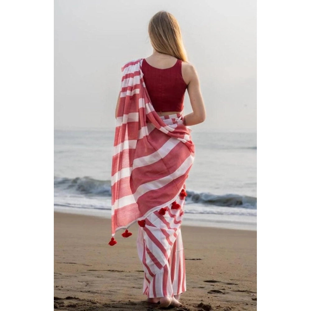 Vaystra Linen Printed Saree With Unstitched Blouse 5.5Mtr – Red