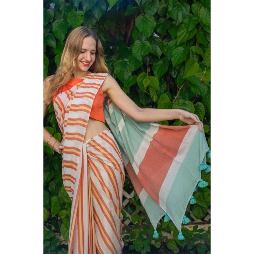 Vaystra Linen Printed Saree With Unstitched Blouse 5.5Mtr – Orange